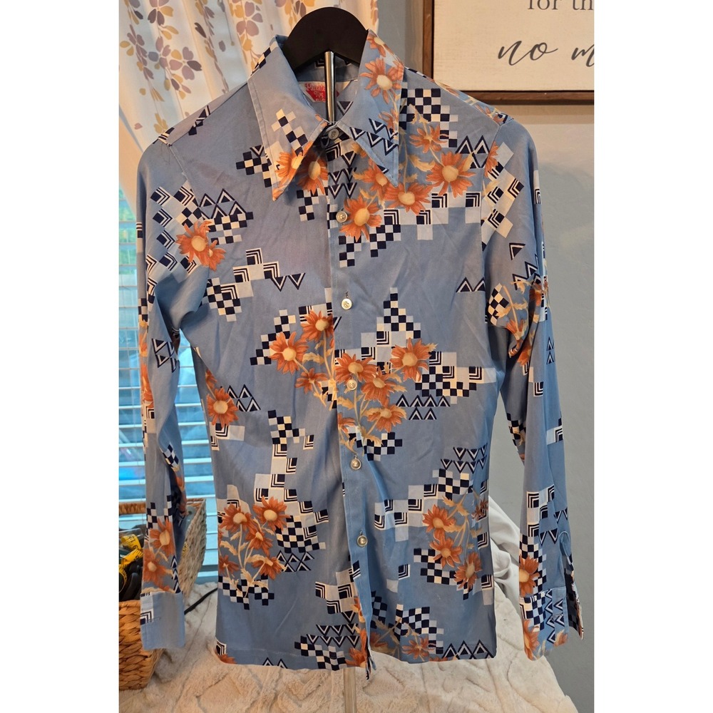 Vintage 70s Panhandle Slim Disco Shirt Blue Floral Geometric Dagger Collar L/S